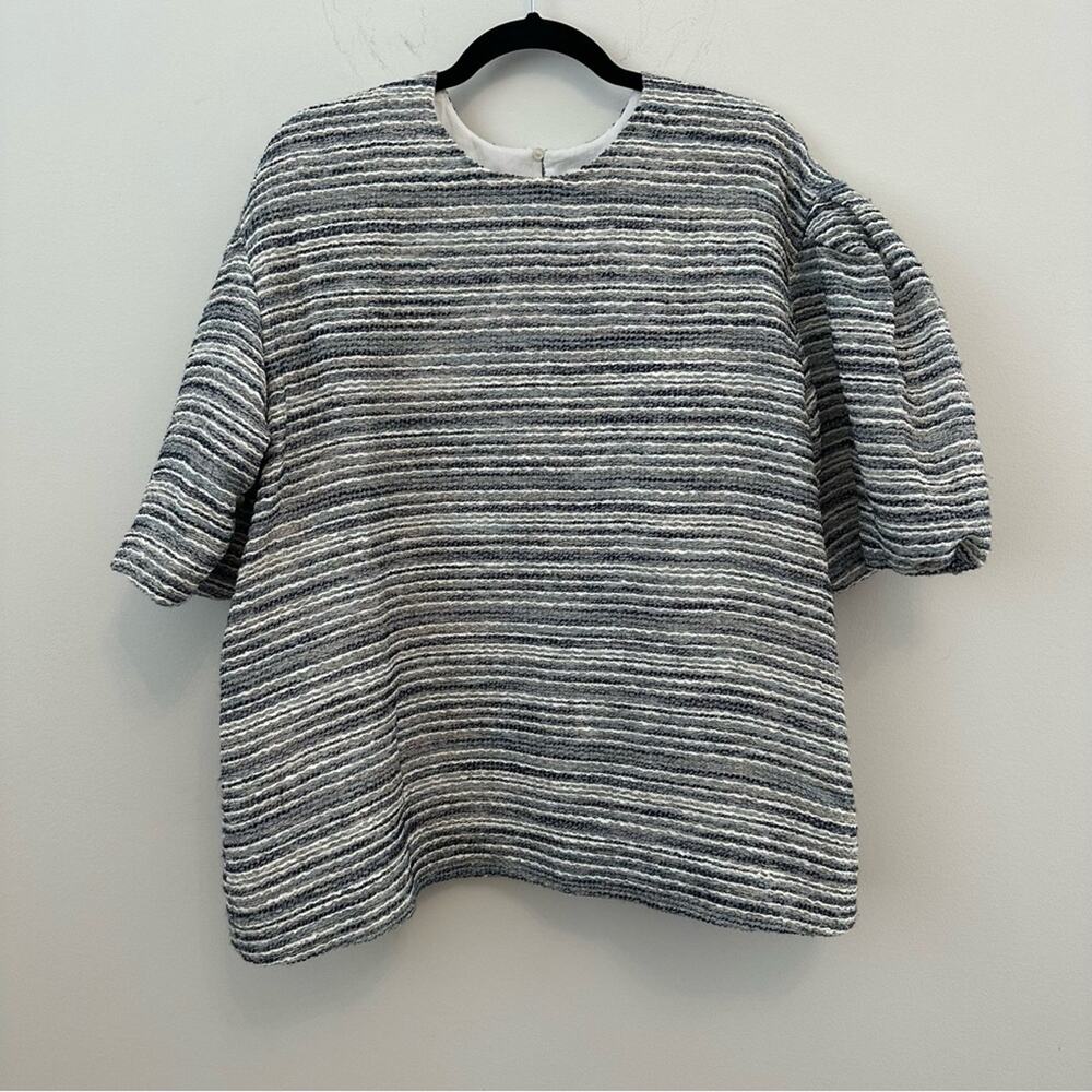 Ann Mashburn Boutique Striped Top Balloon Sleeves White/Grey/Blue Size Large